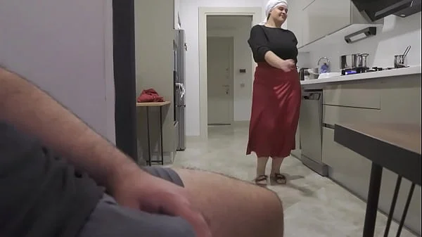 Caught jerking off while watching my Huge ass Hijab Stepmom.